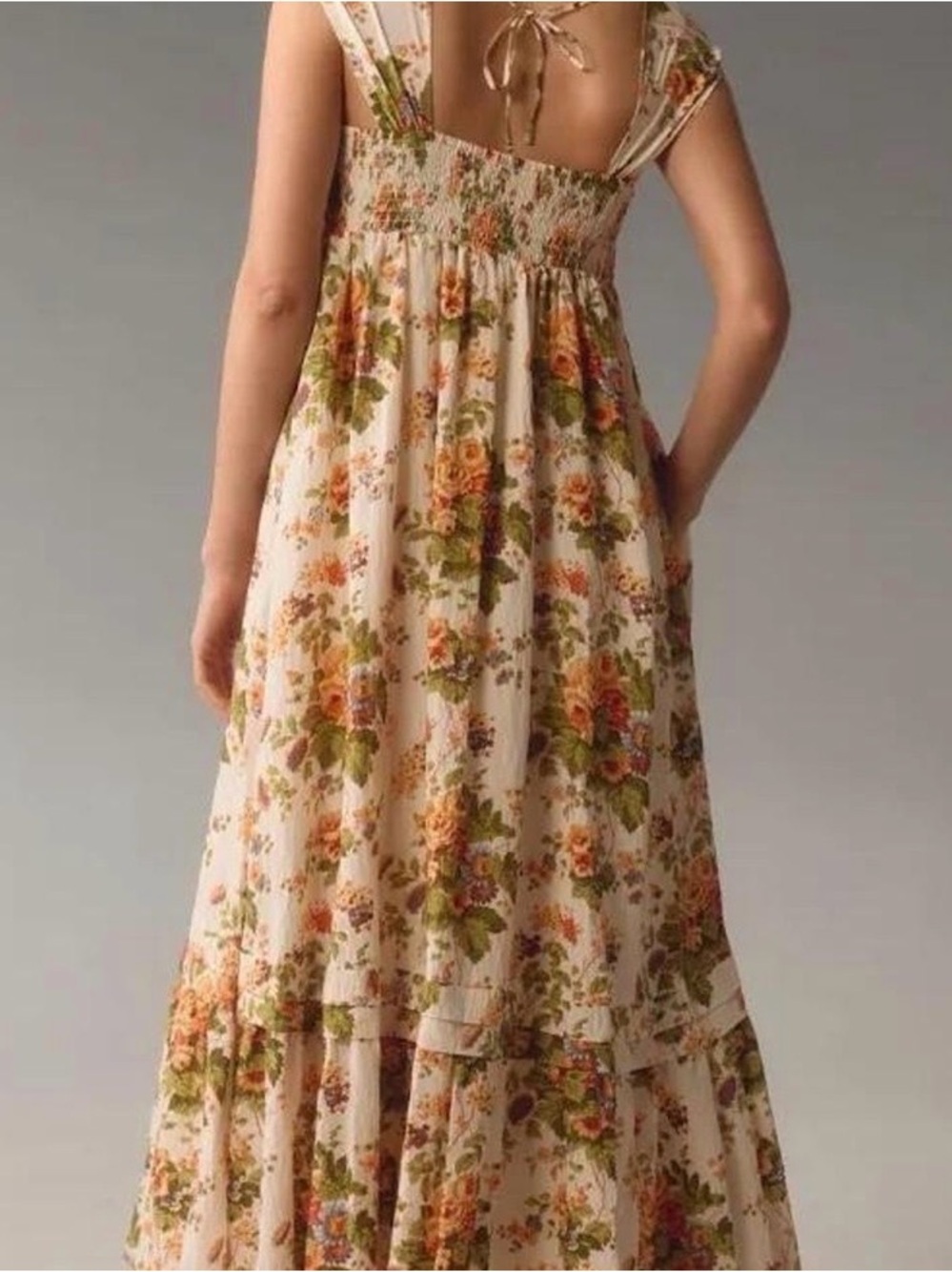 Anthropologie Cream Floral Maxi Dress with Green and Orange Bouquet Print - Picture 2 of 6